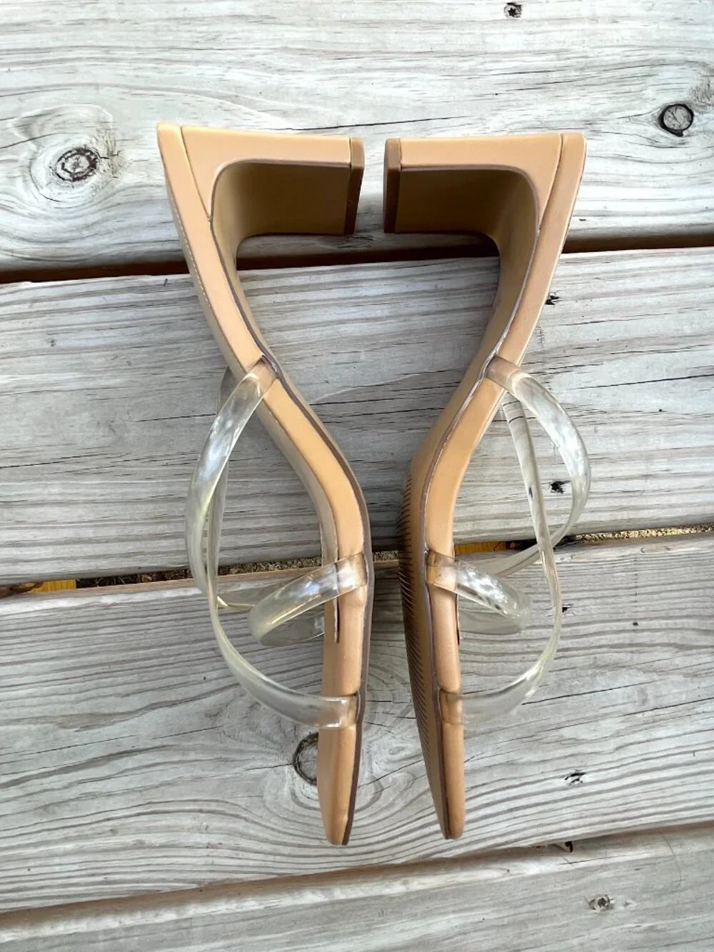 The Drop Clear Strap Slim Block Heel Sandals Quiet Luxury Tan 9.5 EUC